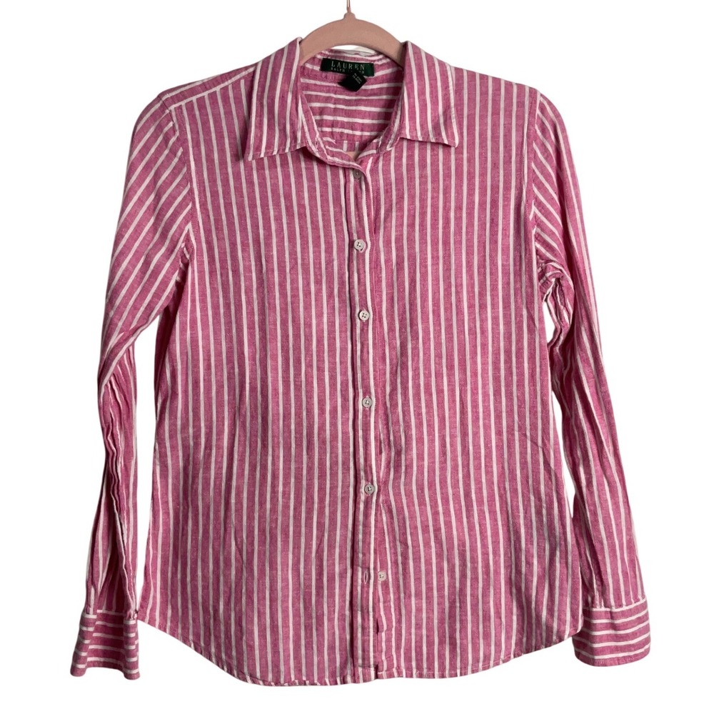 Ralph Lauren Pink White Striped 100% Linen Button Down Shirt preppy beach boho
